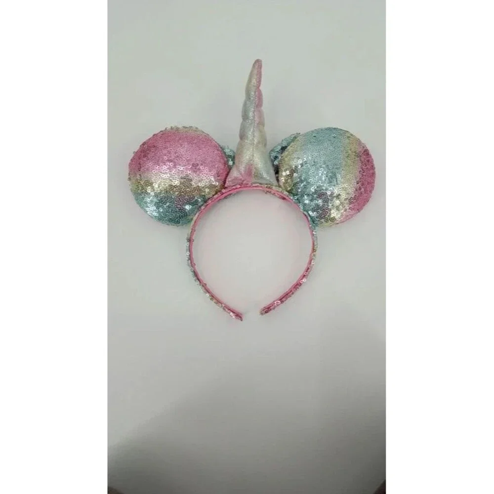Disney Parks Minnie Mouse Unicorn Ears Pastel Rainbow Sequin Horn Bow